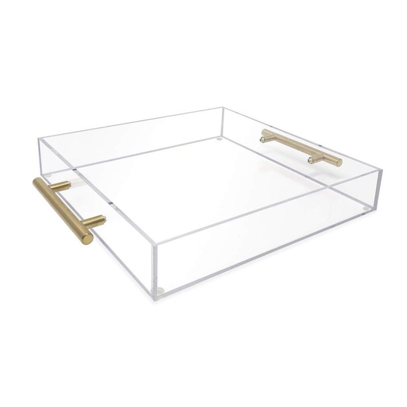 Isaac Jacobs Clear Acrylic Serving Tray (12x12) with Gold Metal Handles, Spill-Proof, Stackable Organizer, Food & Drinks Server, Indoors/Outdoors, Lucite Storage DÃ©cor (12x12, Clear with Gold Handle) - Image 1